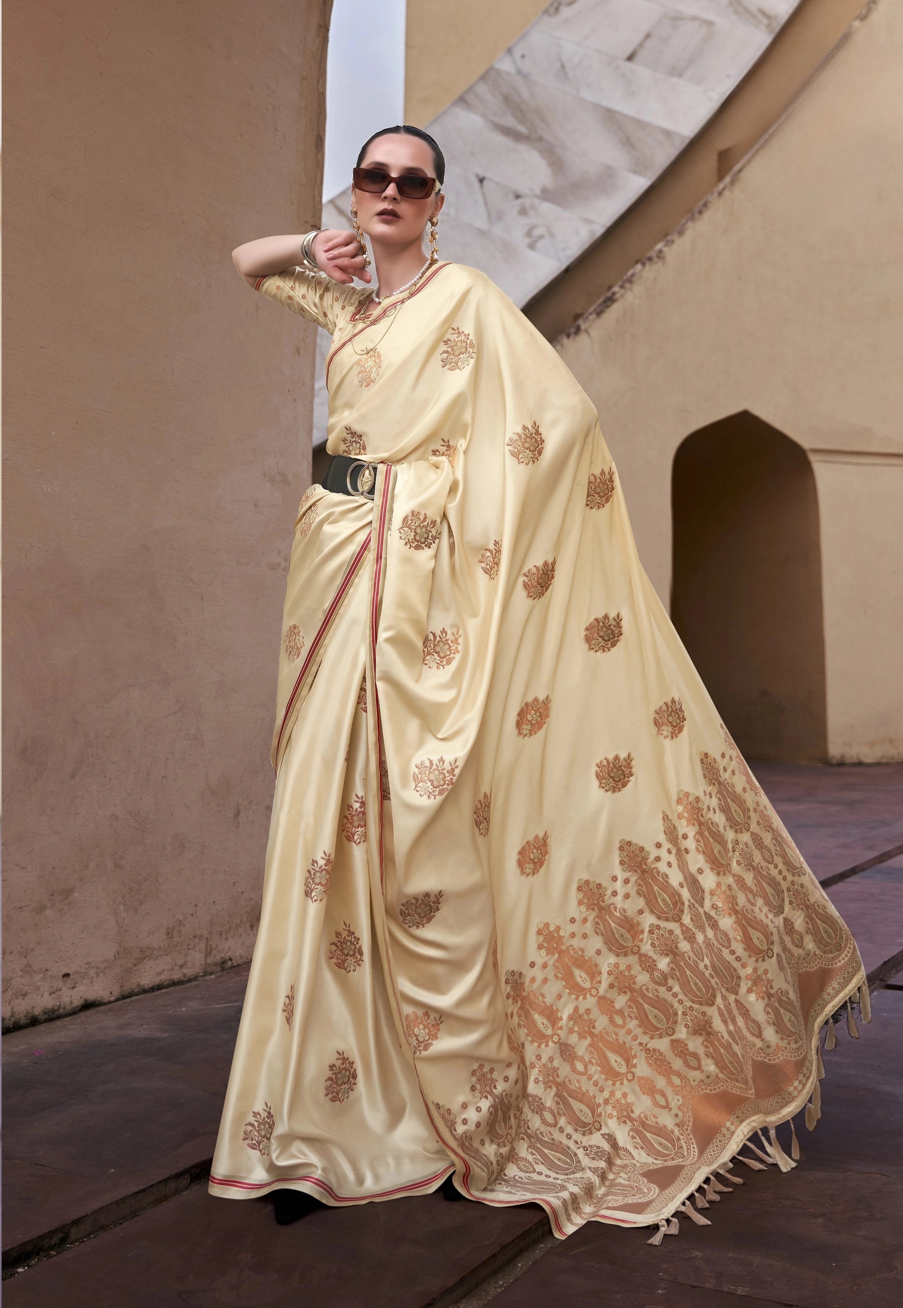 Beige Copper Zari Weaving Copper Zari Weaving Saree Kalyanja Fashion