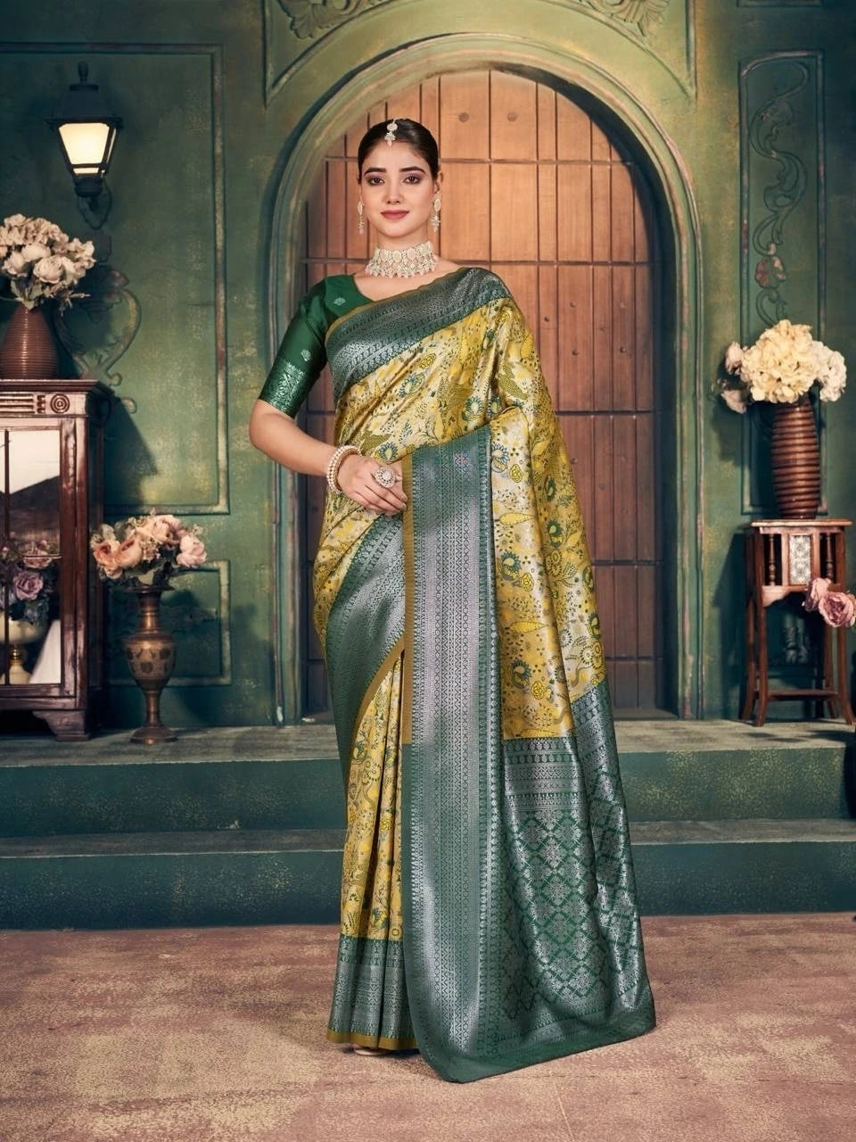 brown yellow jacquard silk saree