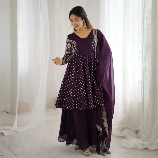 Wine Embroidery Sequin Work Crunchy Silk Suit – Kalyanja
