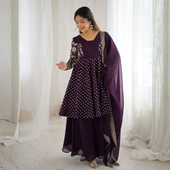 Wine Embroidery Sequin Work Crunchy Silk Suit