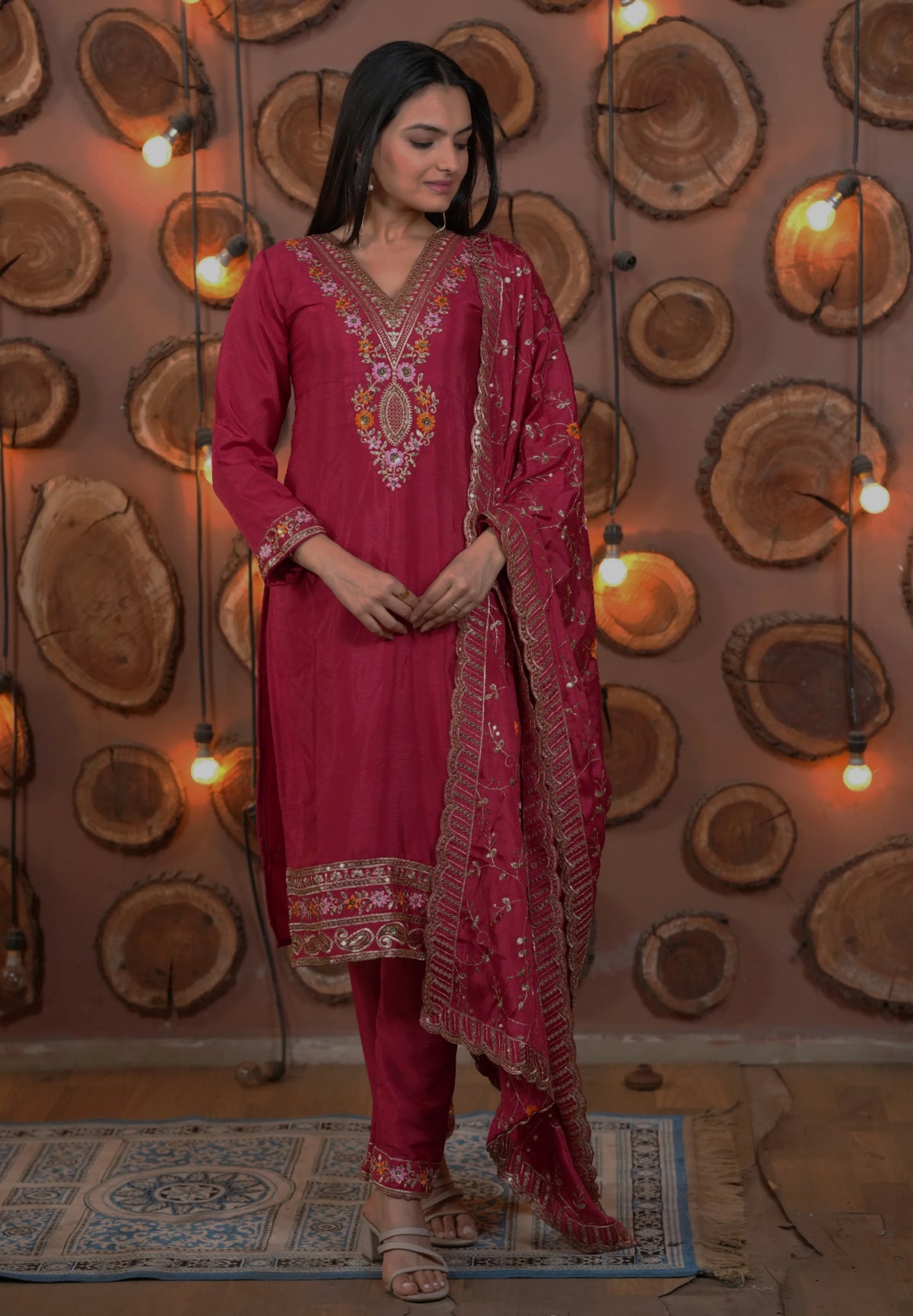 Dark Pink Sequins Embroidery Work Chinon Suit