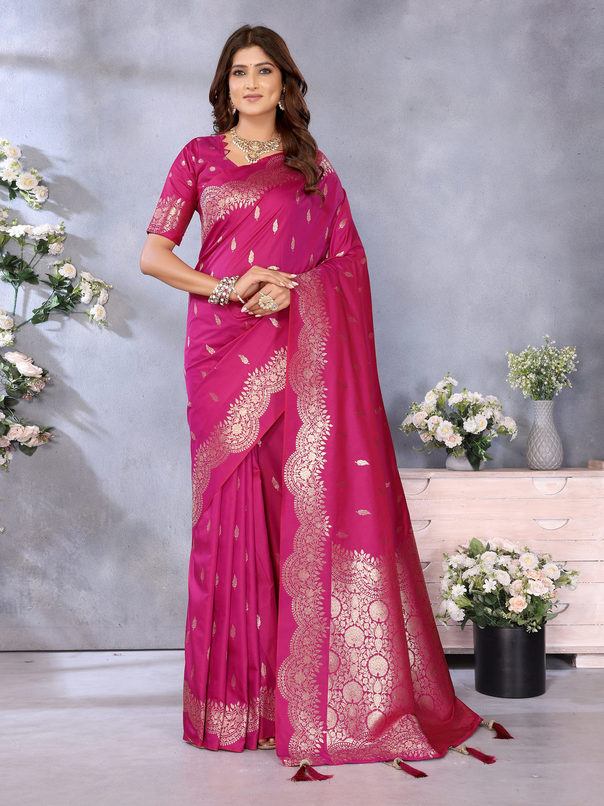 Dark pink Banarasi Silk Saree