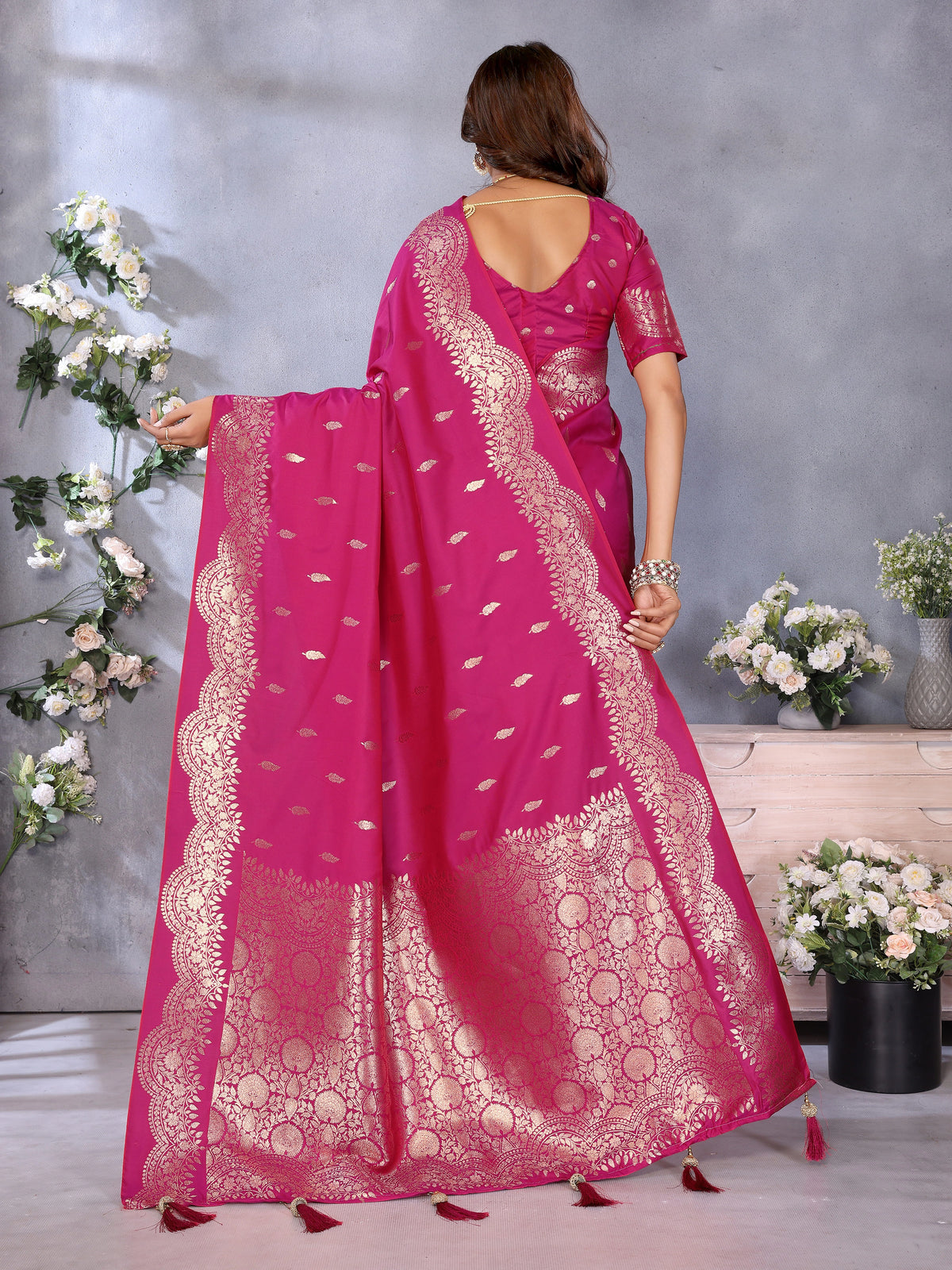 Dark pink Banarasi Silk Saree