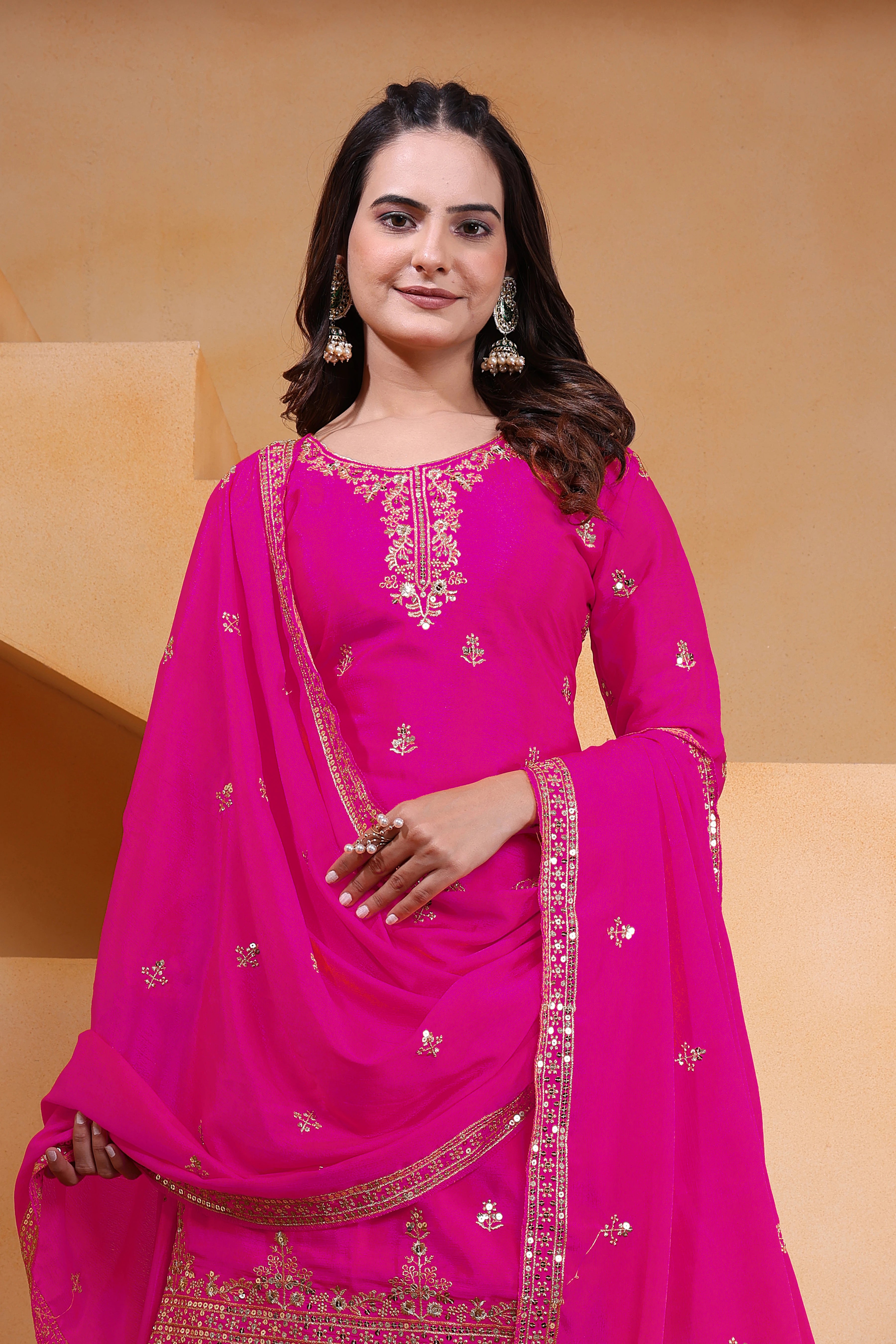 Dark Pink Chinon Sequins Embroidered Suit