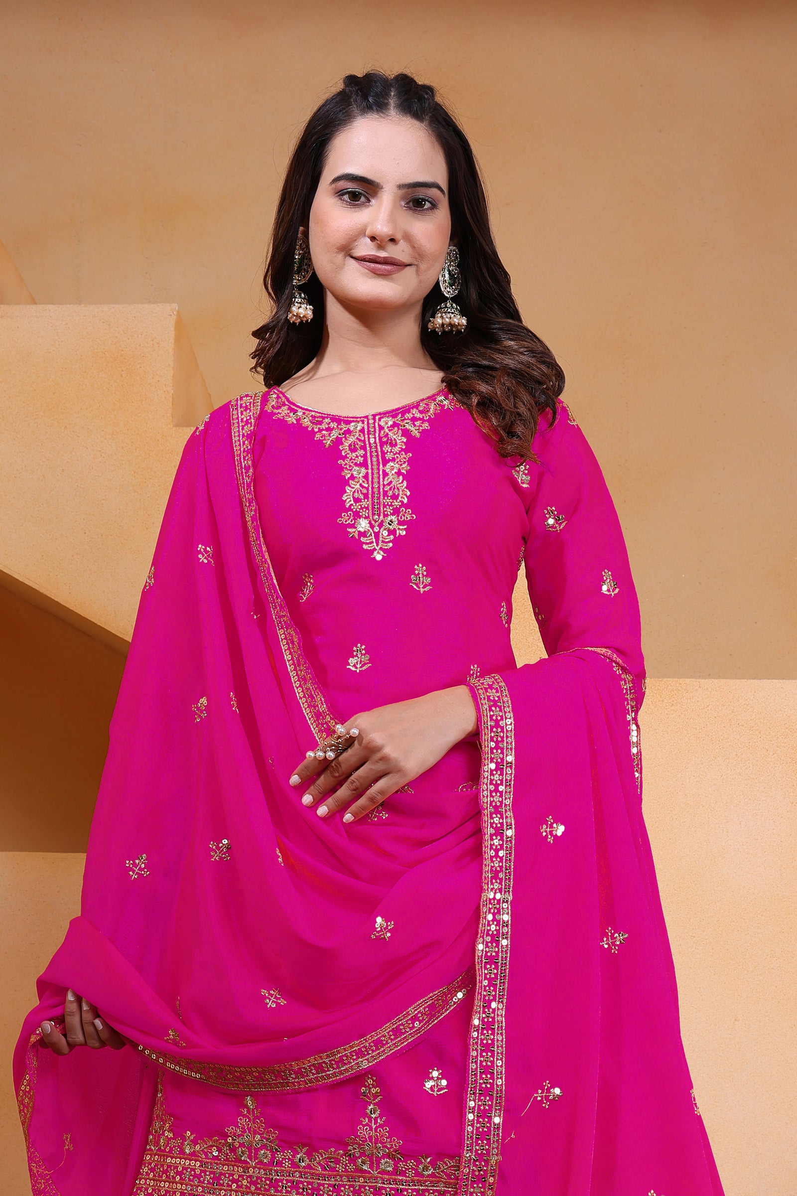 Dark Pink Chinon Sequins Embroidered Suit