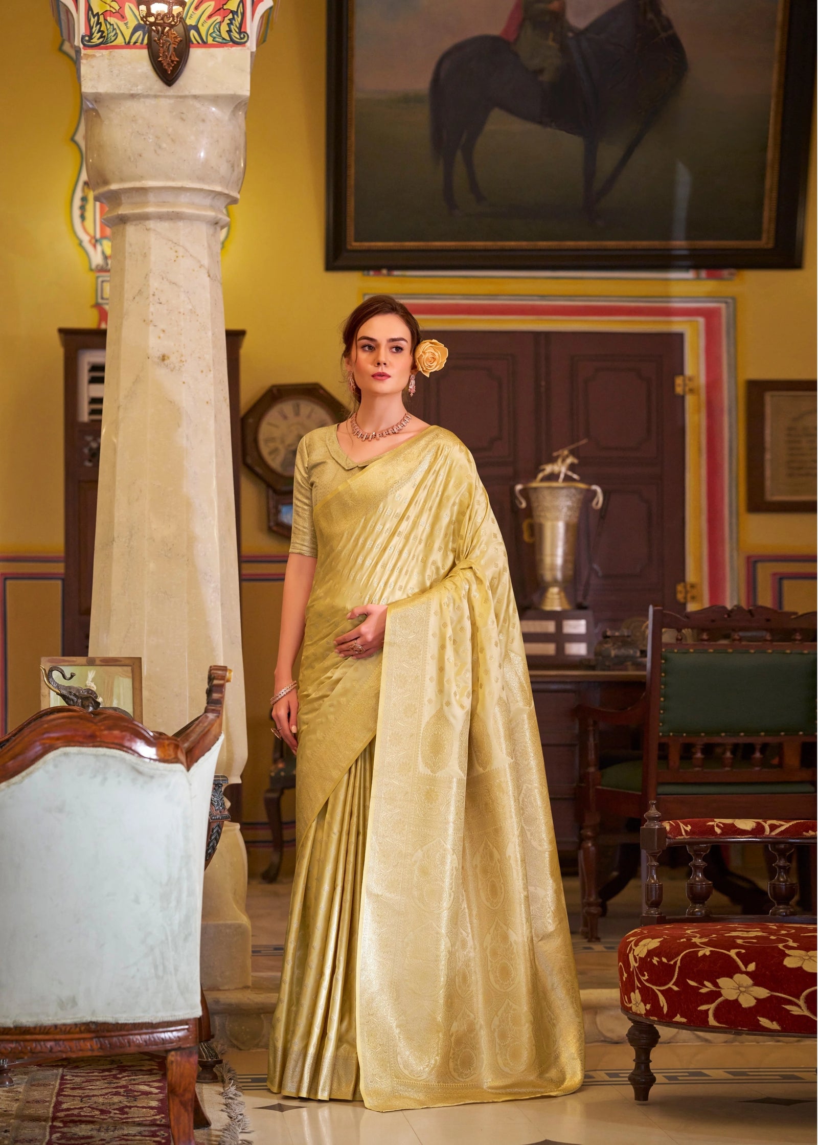 Yellow Embroidery Work Satin Banarasi Silk Saree