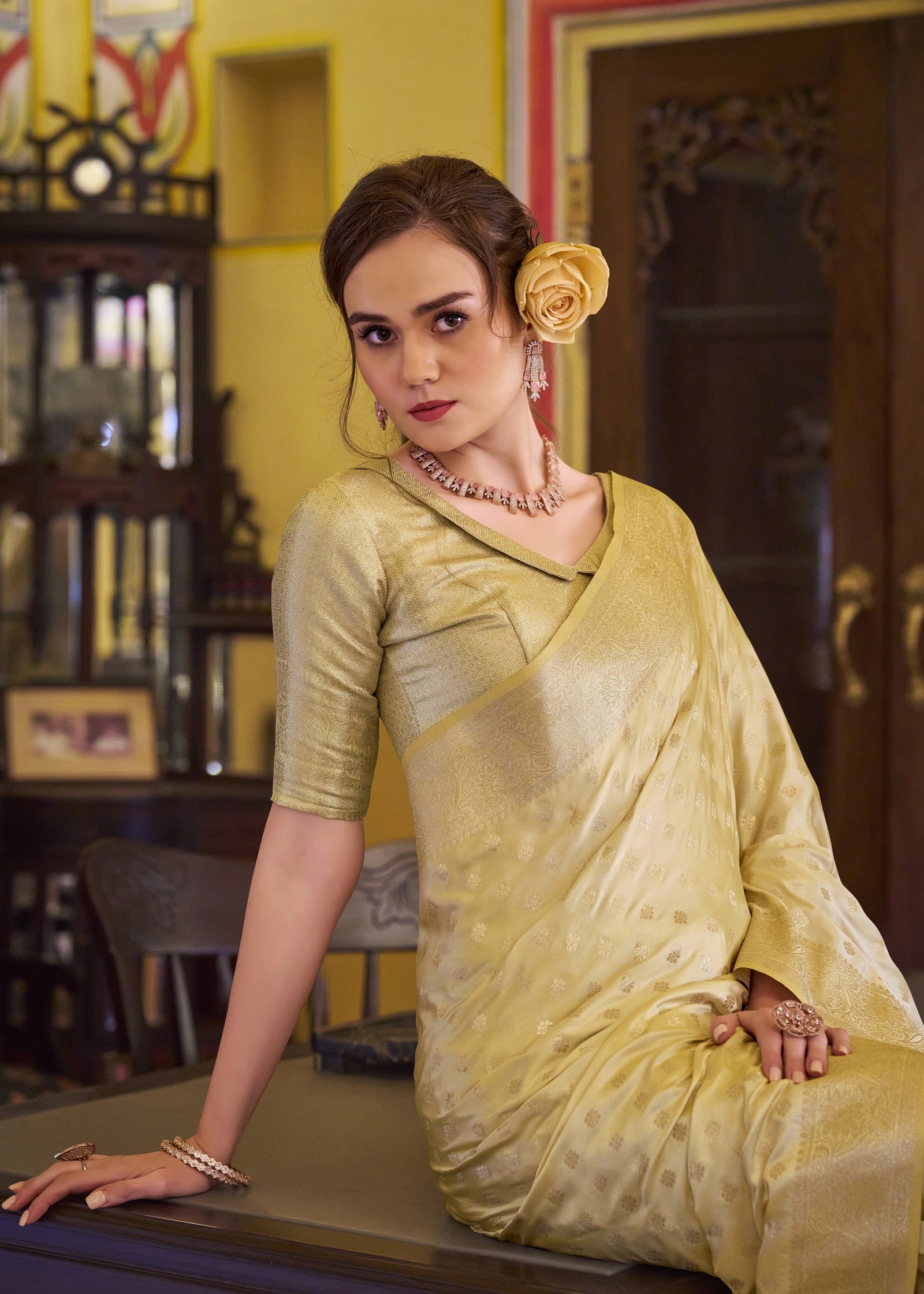 Yellow Embroidery Work Satin Banarasi Silk Saree