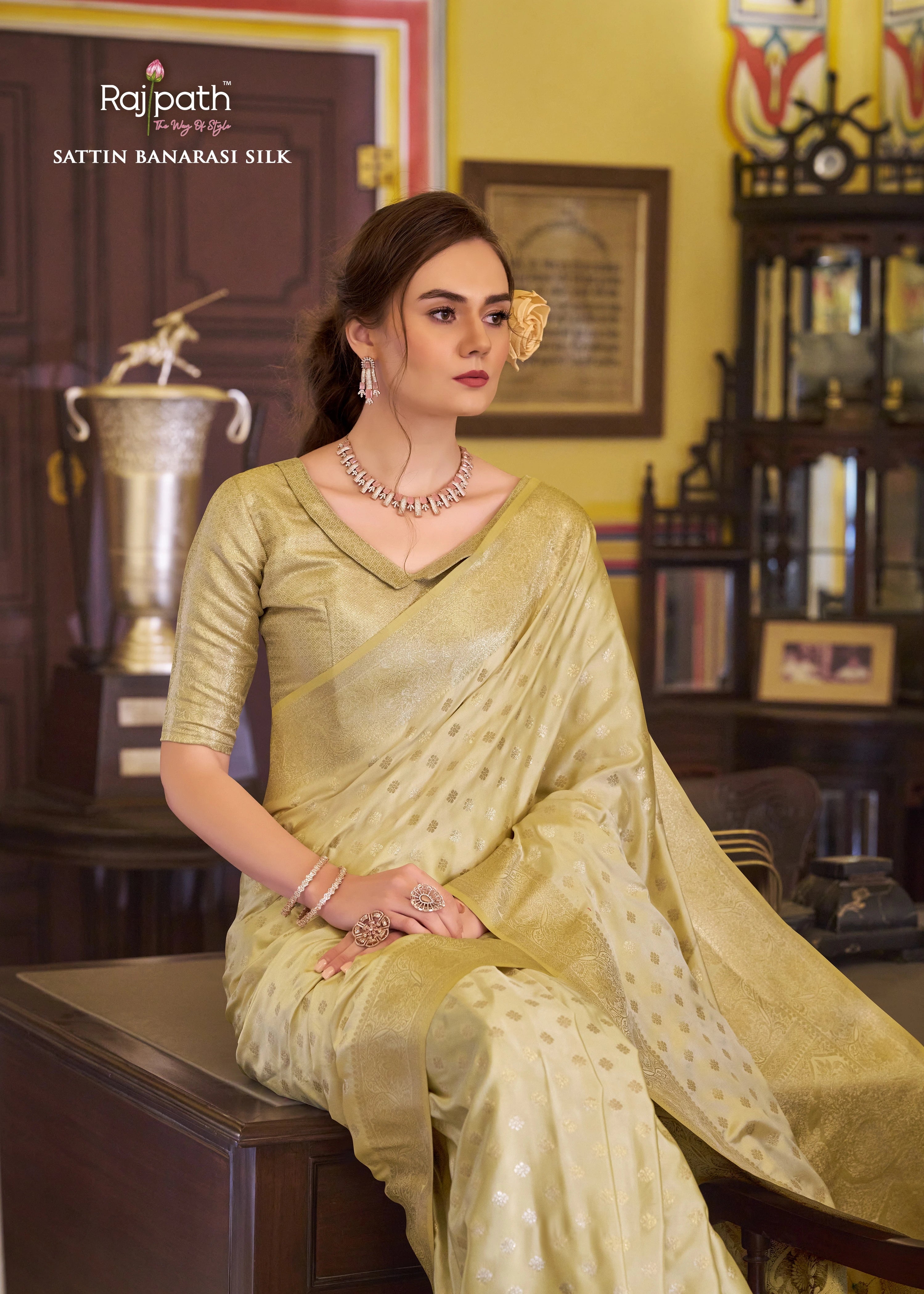 Yellow Embroidery Work Satin Banarasi Silk Saree Agarwal Saree