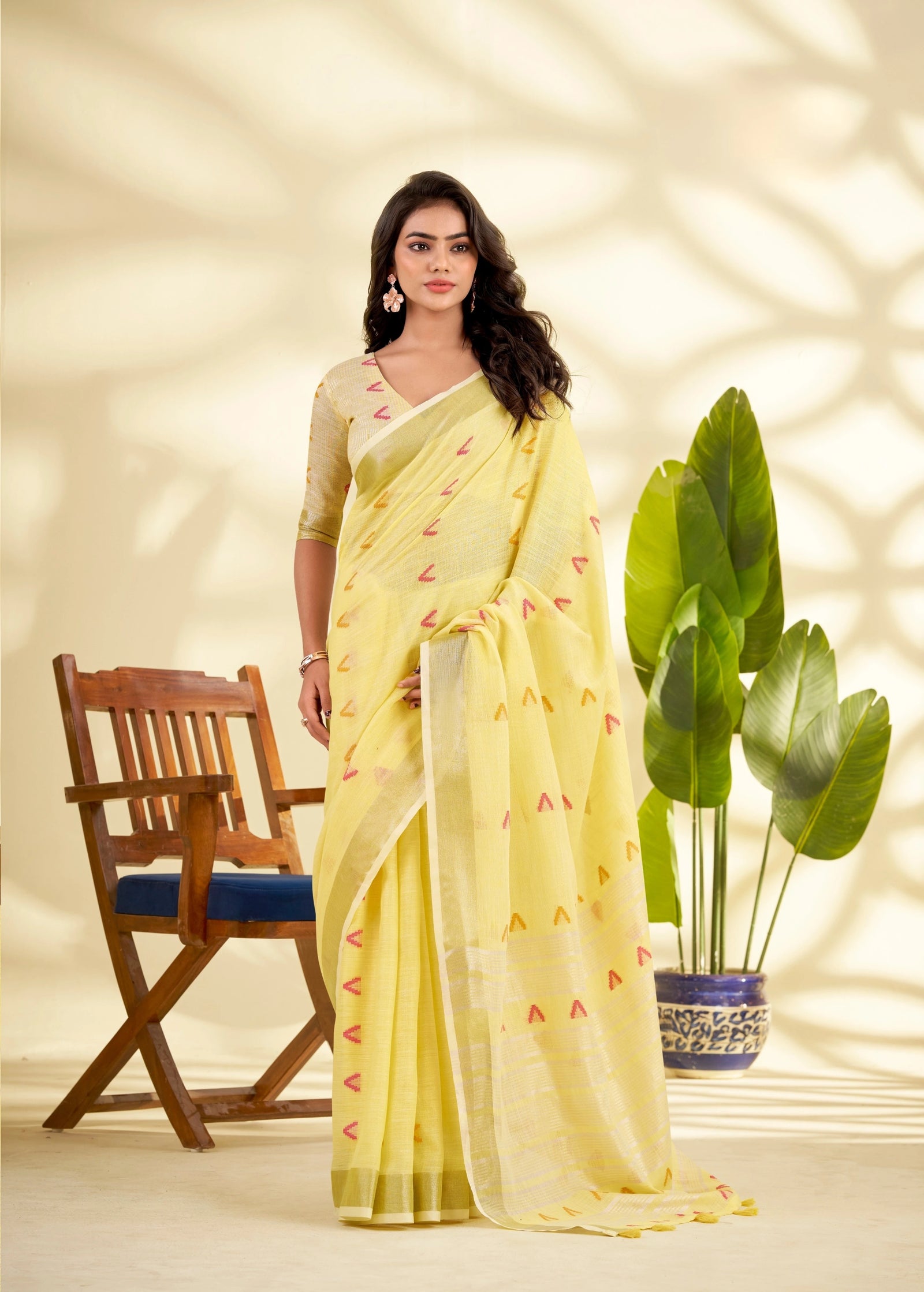 yellow handloom style weaving linen silk saree - kalyanja