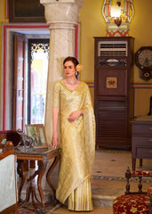 Yellow Embroidery Work Satin Banarasi Silk Saree