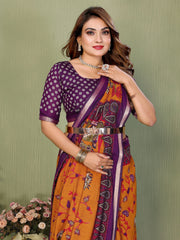 Orange Mul Cotton Kalamkari Print Saree