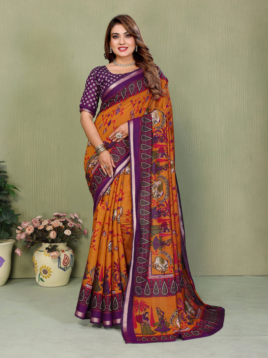 Orange Mul Cotton Kalamkari Print Saree – Kalyanja
