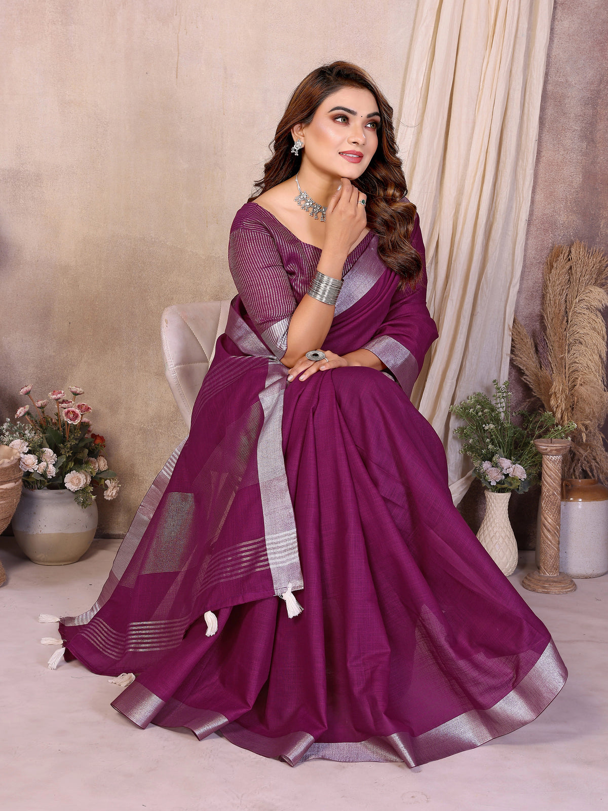 Magenta Zari Border Soft Linen Cotton Saree – Kalyanja
