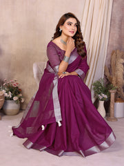 Magenta Zari Border Soft Linen Cotton Saree