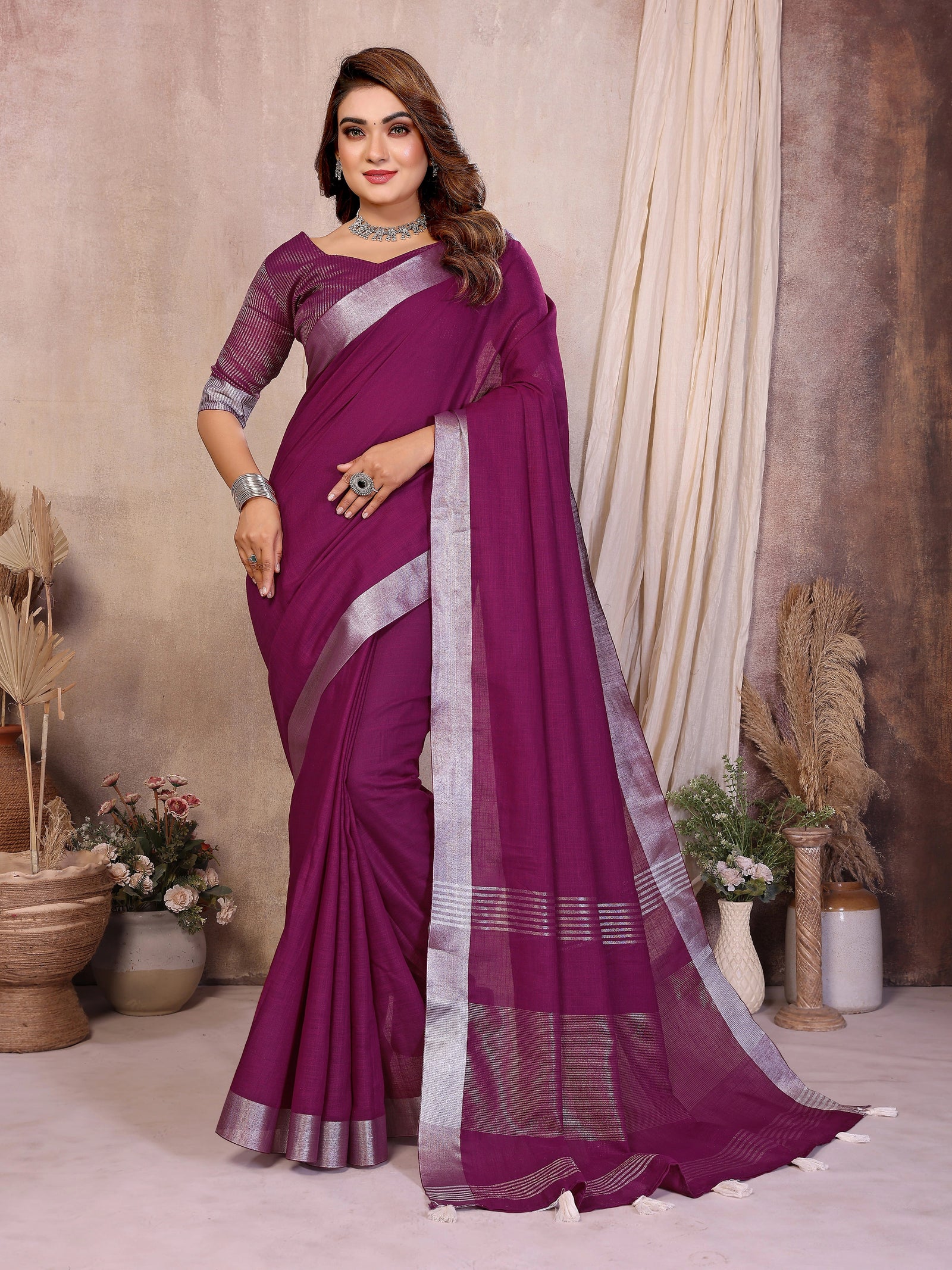 Magenta Zari Border Soft Linen Cotton Saree – Kalyanja
