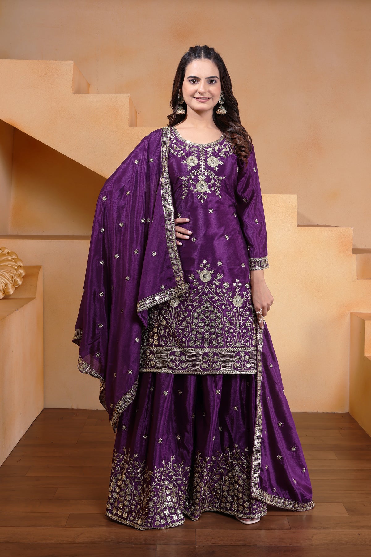 Wine Sequins Embroidery Work Chinon Suit