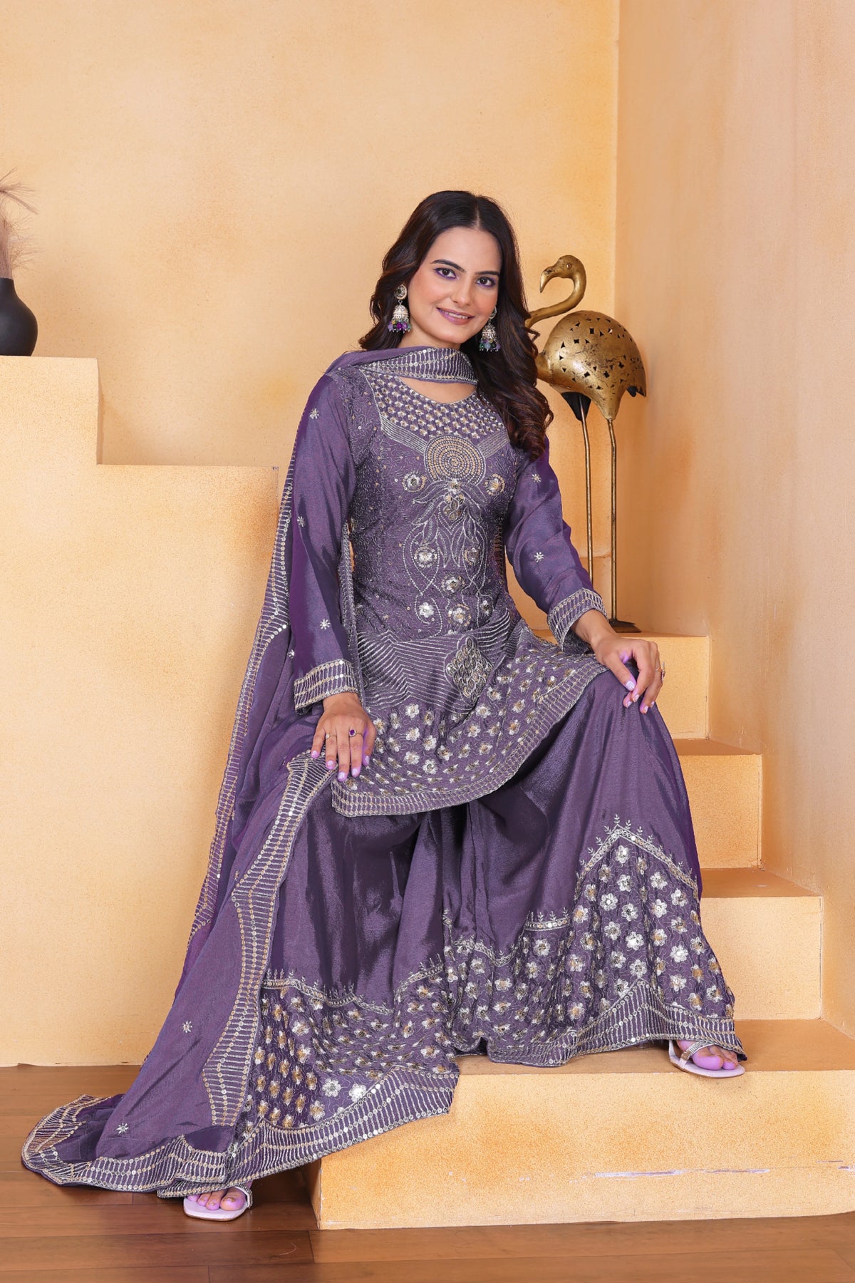 Lavender Sequins Embroidery Work Chinon Suit - kalyanja