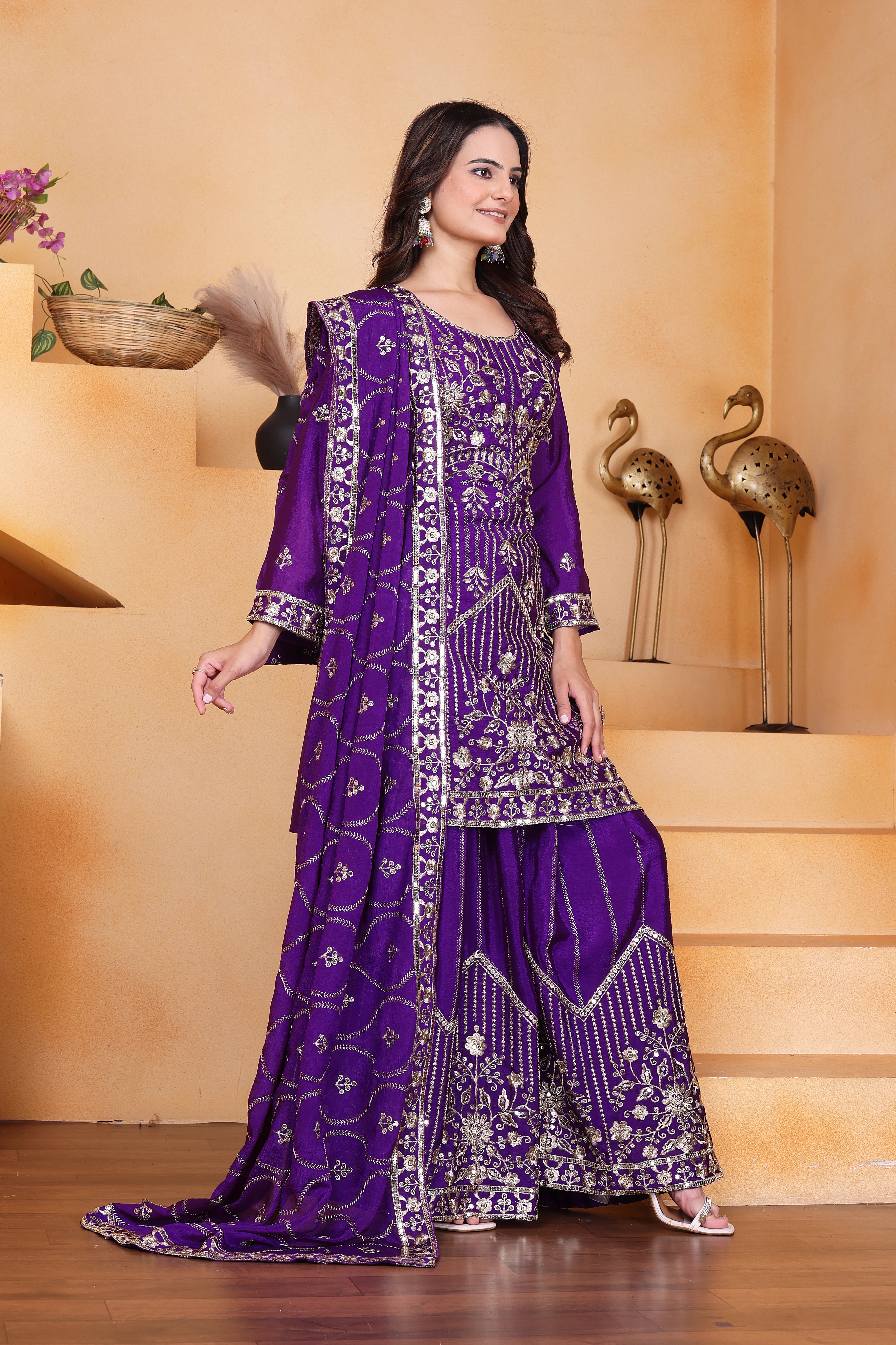 Purple Sequins Embroidery Work Chinon Silk Suit