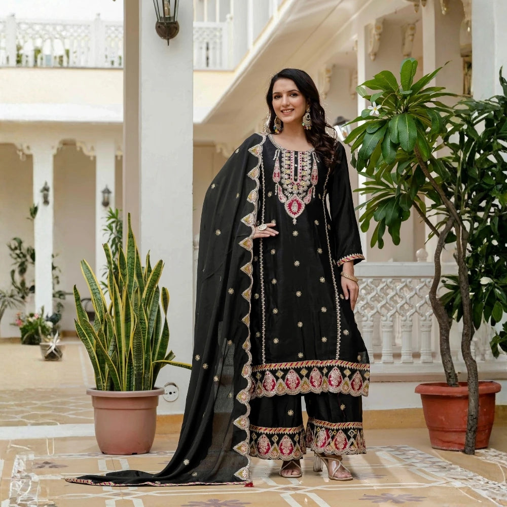Black Embroidery Sequin Work Chinon Silk Suit