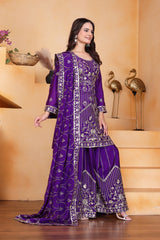 Purple Sequins Embroidery Work Chinon Silk Suit