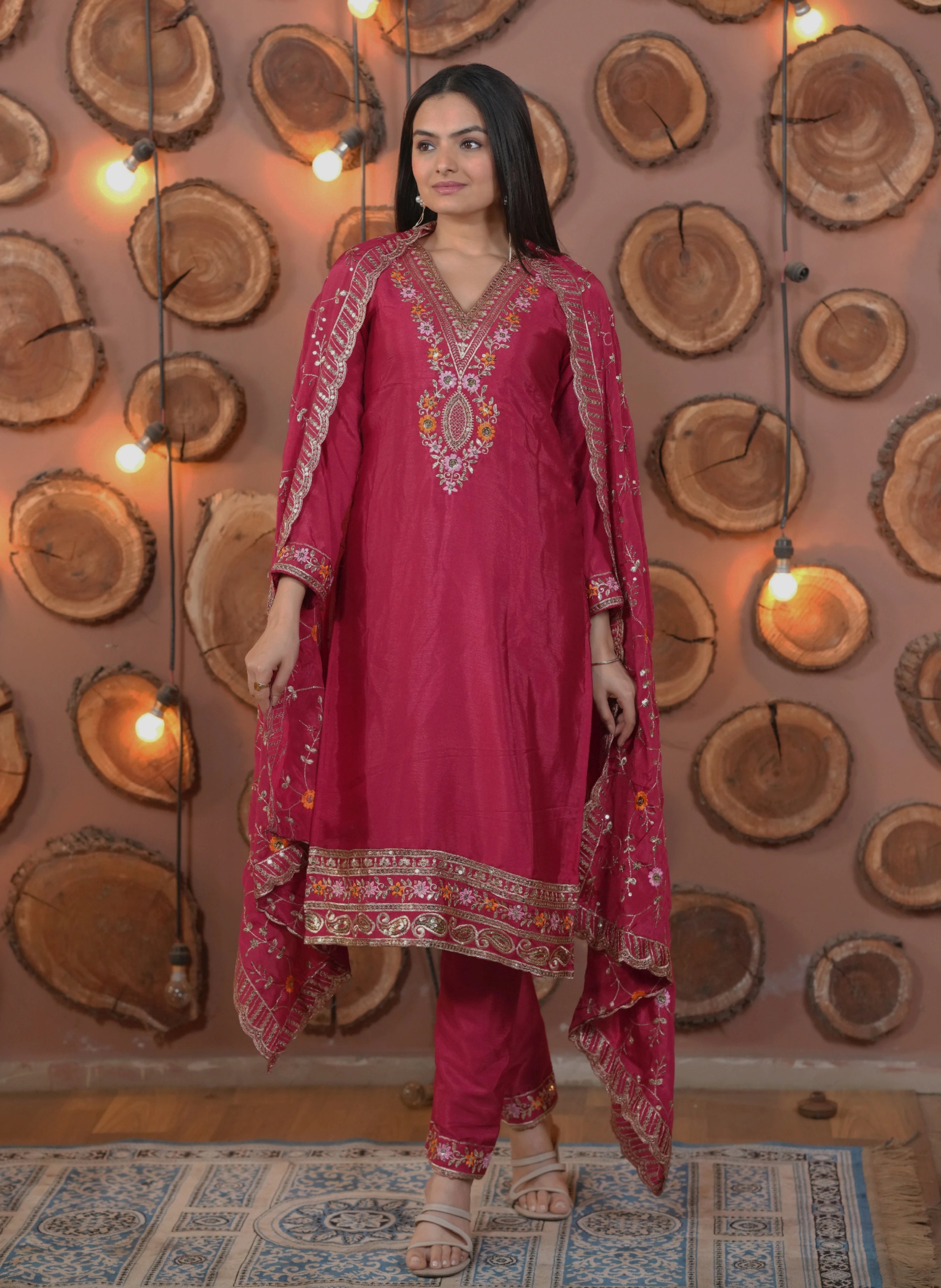 Dark Pink Sequins Embroidery Work Chinon Suit