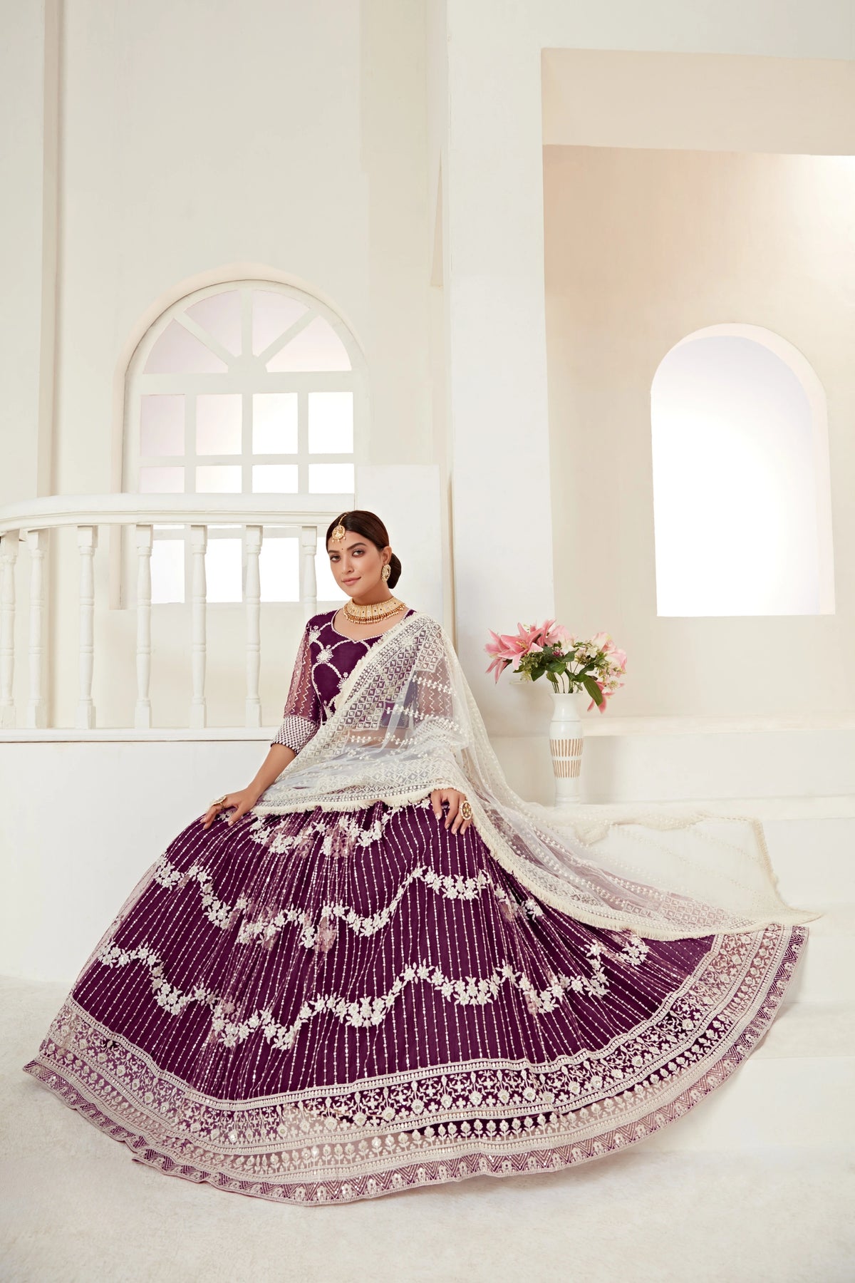 Wine Sequins Butterfly Net Lehenga