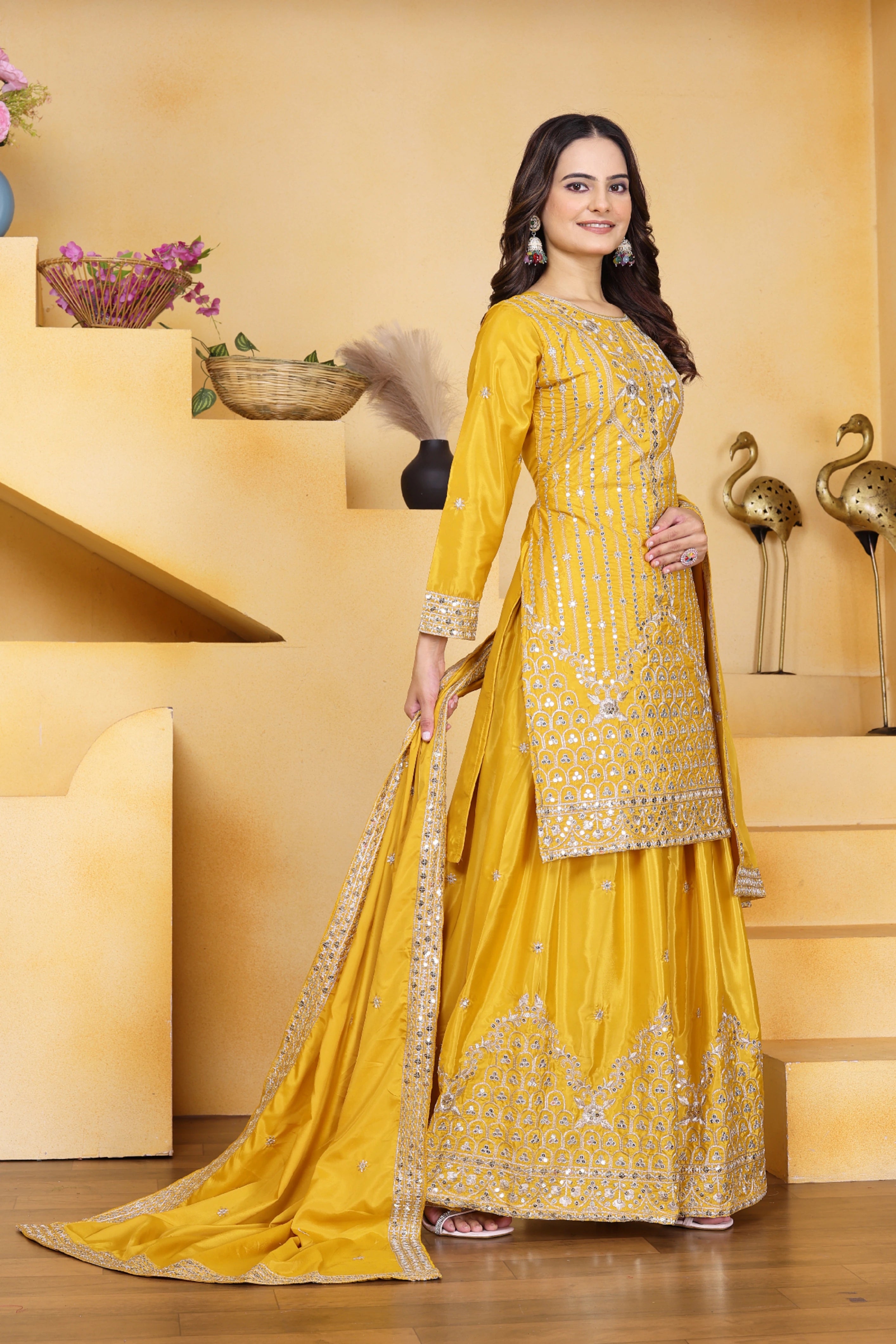 Yellow Sequins Embroidery Work Natural Crep Suit