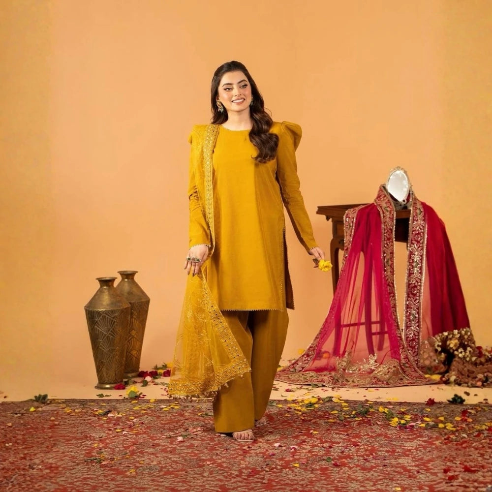 Musterd Yellow Fancy Lace Border Natural Crepe Silk Suit