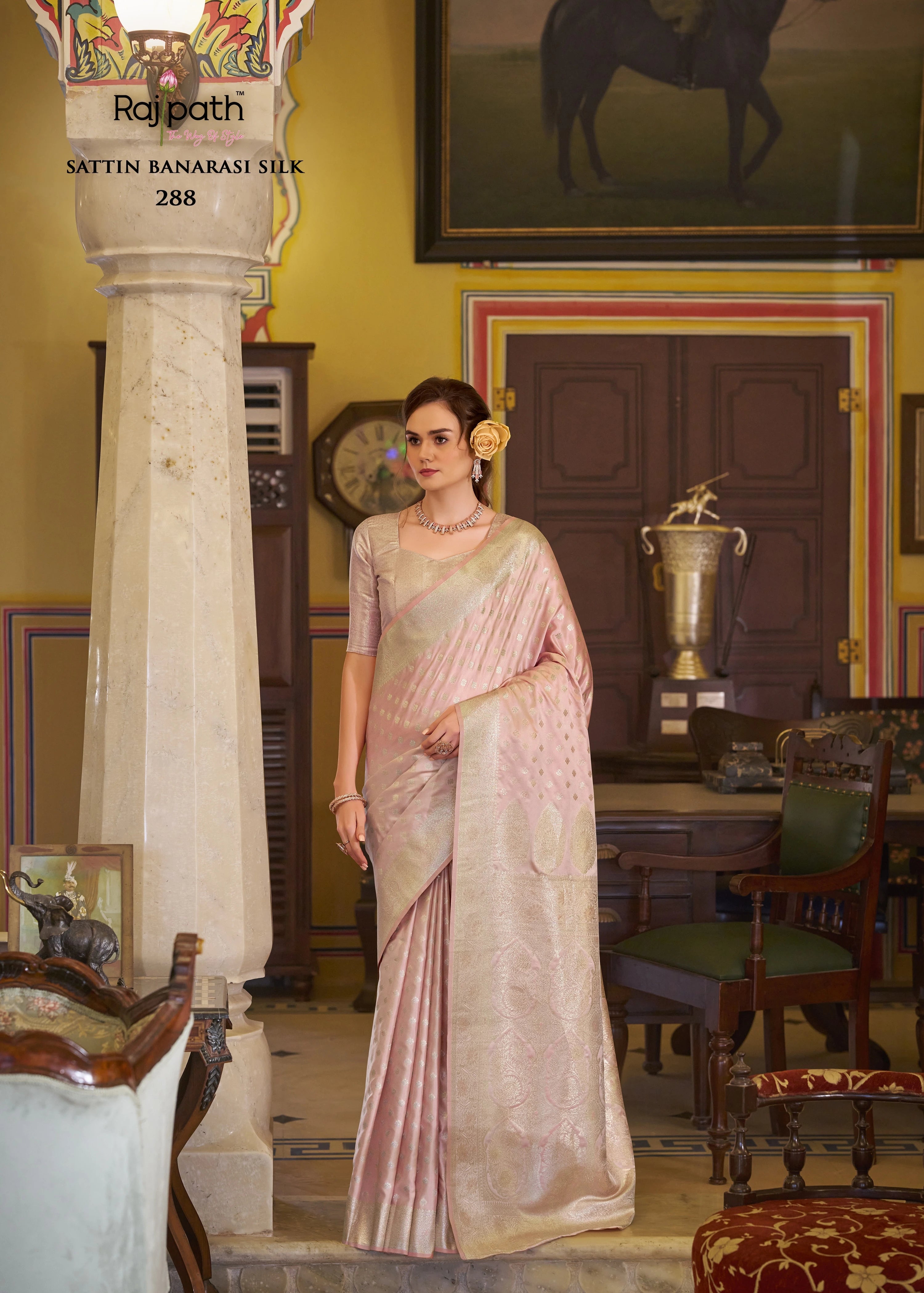 Pink Embroidery Work Satin Banarasi Silk Saree