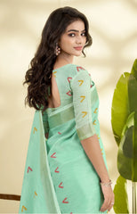 Green Handloom-Style Weaving Linen Silk Saree