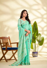 Green Handloom-Style Weaving Linen Silk Saree