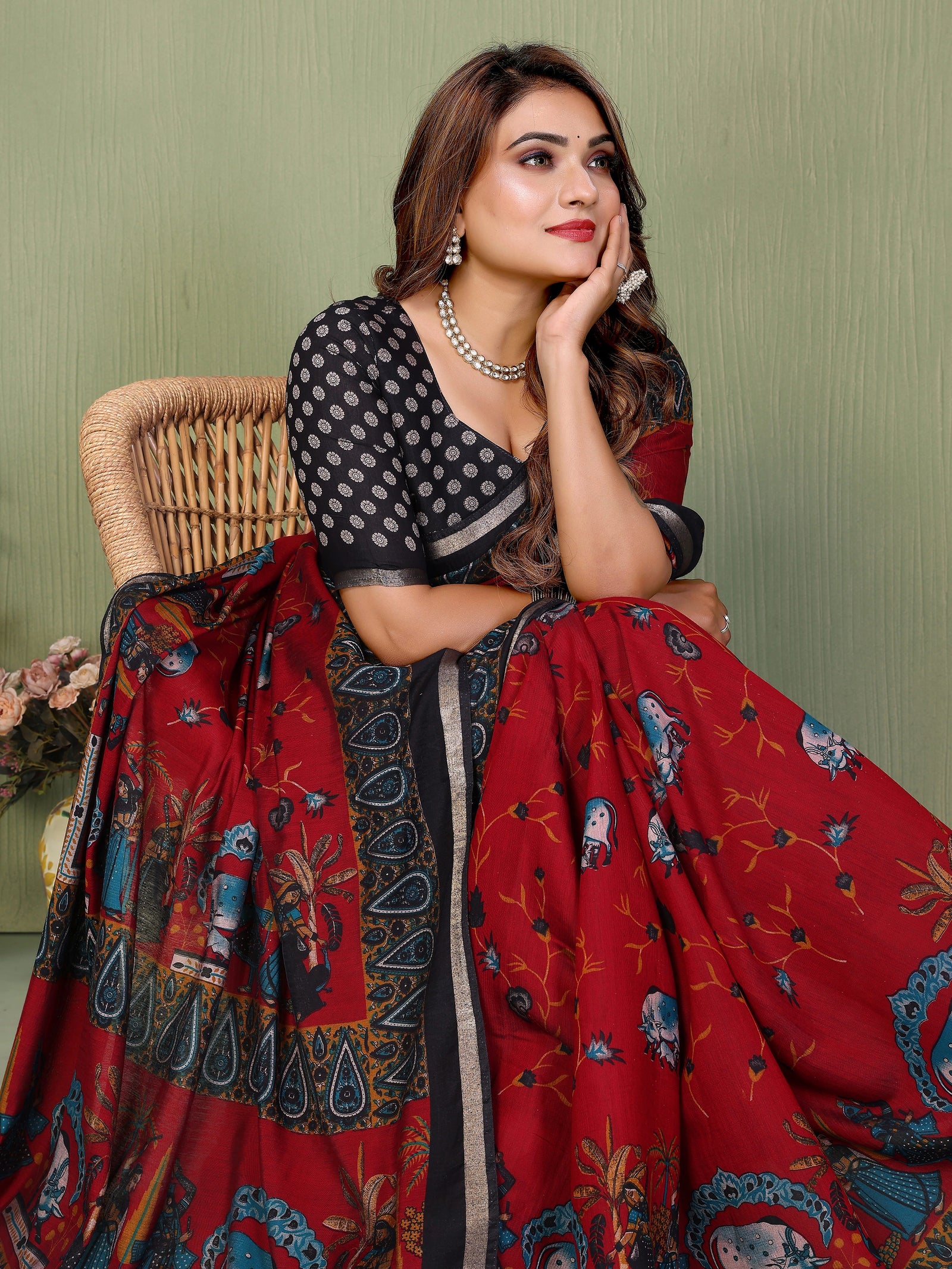 Maroon Mul Cotton Kalamkari Print Saree – Kalyanja
