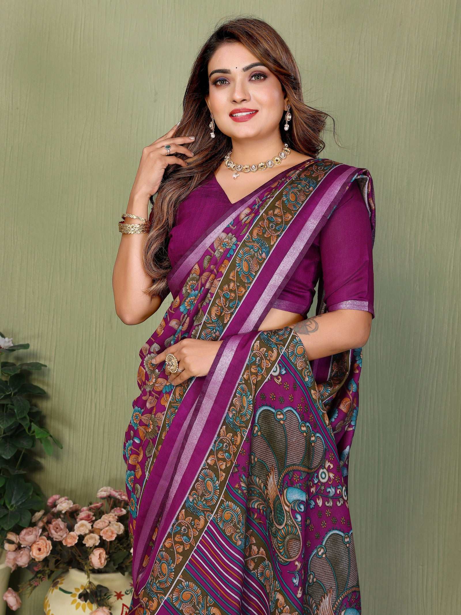 Magenta Kalamkari Print Mul Cotton Saree – Kalyanja
