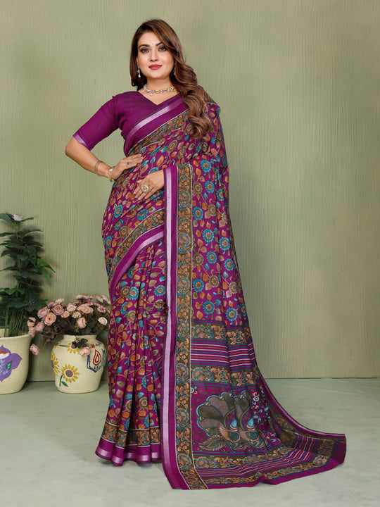Magenta Kalamkari Print Mul Cotton Saree – Kalyanja
