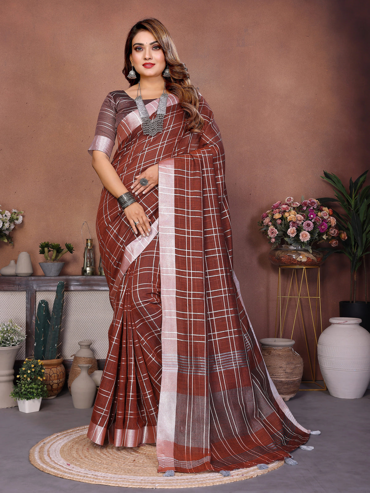 Brown Ached Weaving Soft Linen Saree