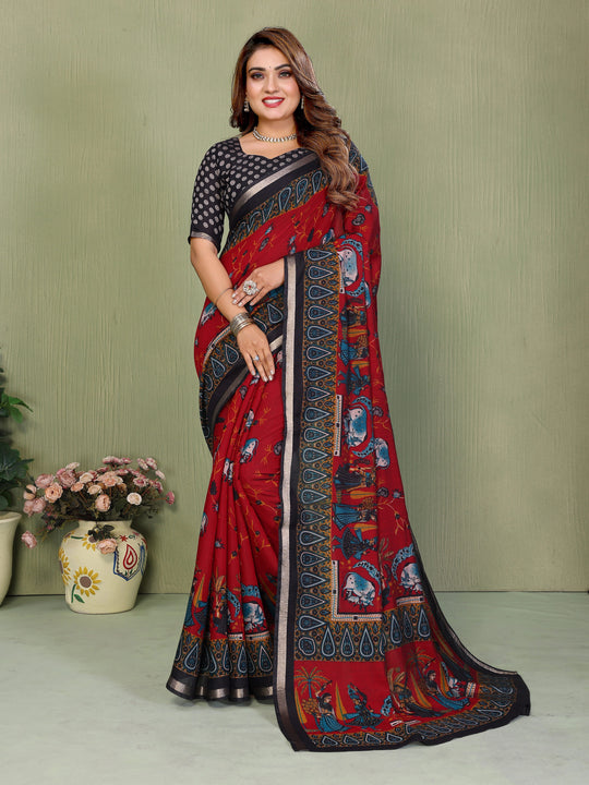 Maroon Mul Cotton Kalamkari Print Saree – Kalyanja

