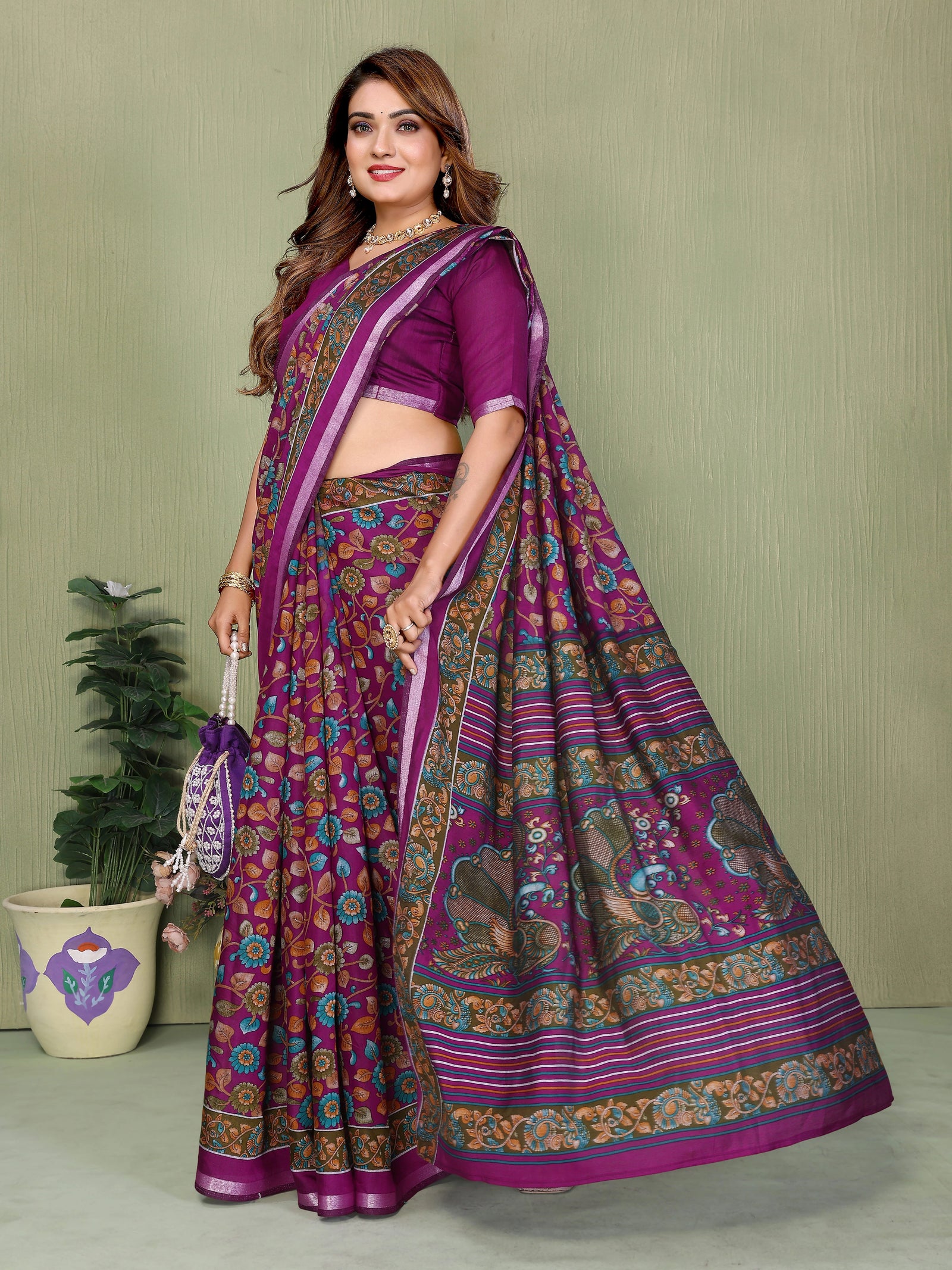 Magenta Kalamkari Print Mul Cotton Saree - kalyanja