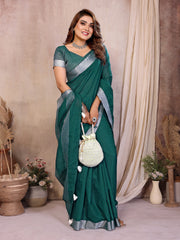 Dark Green Zari Border Soft Linen Cotton Saree