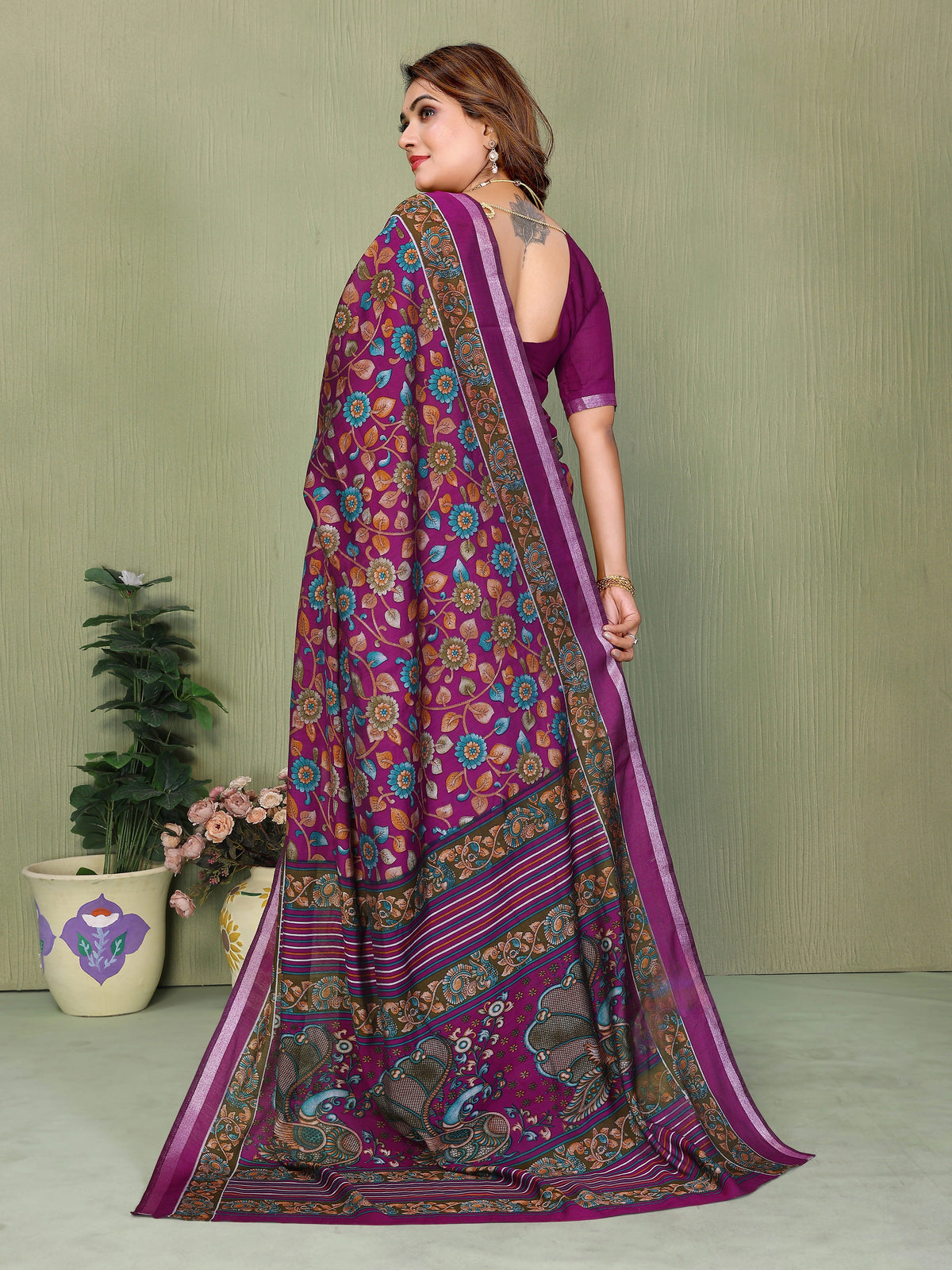 Magenta Kalamkari Print Mul Cotton Saree