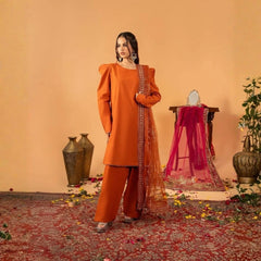 Orange Fancy Lace Border Natural Crepe Silk Suit