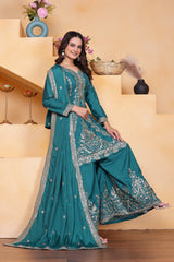 Rama Blue Sequins Embroidery Work Natural Crepe Suit
