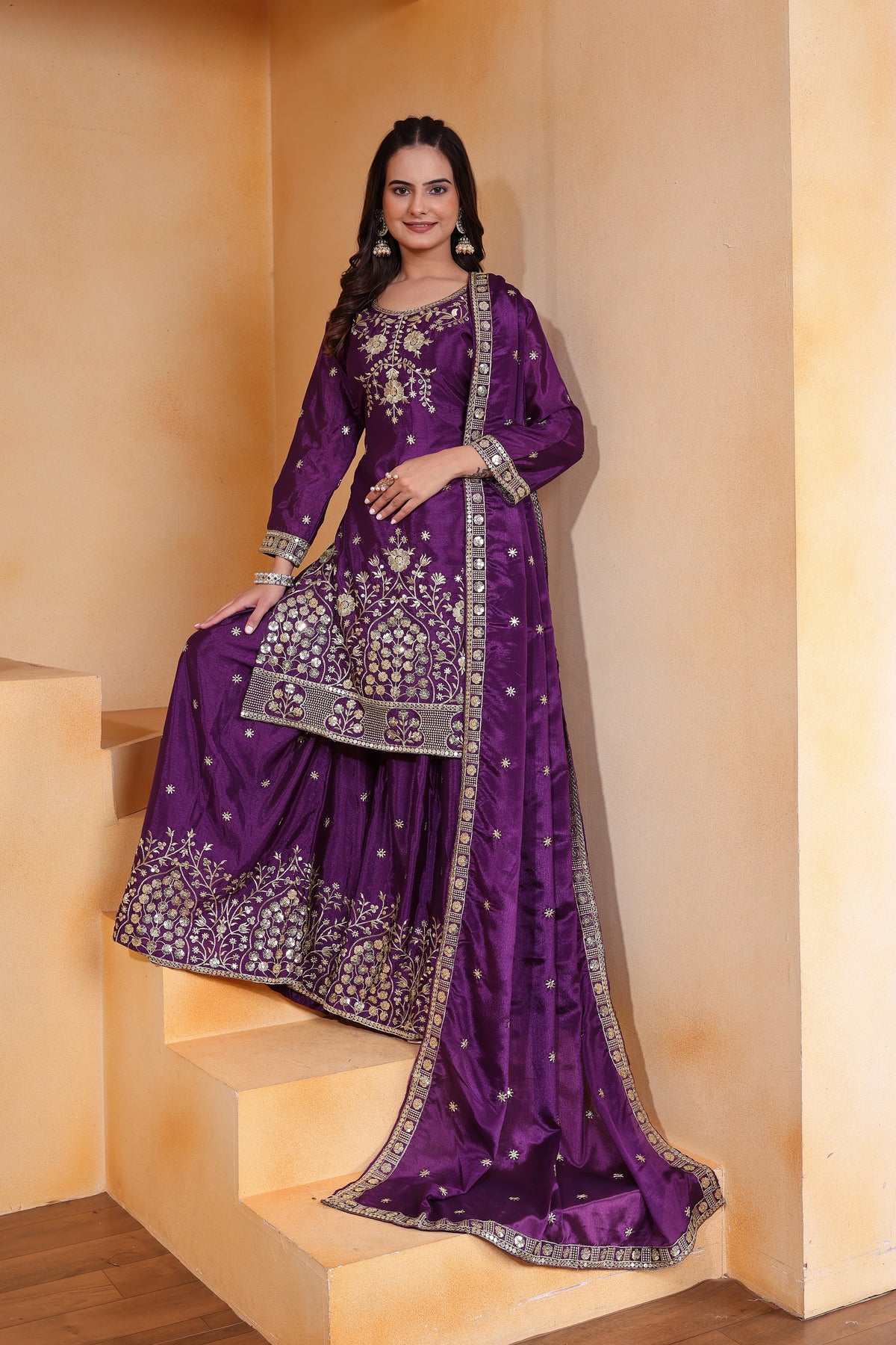 Wine Sequins Embroidery Work Chinon Suit – Kalyanja
