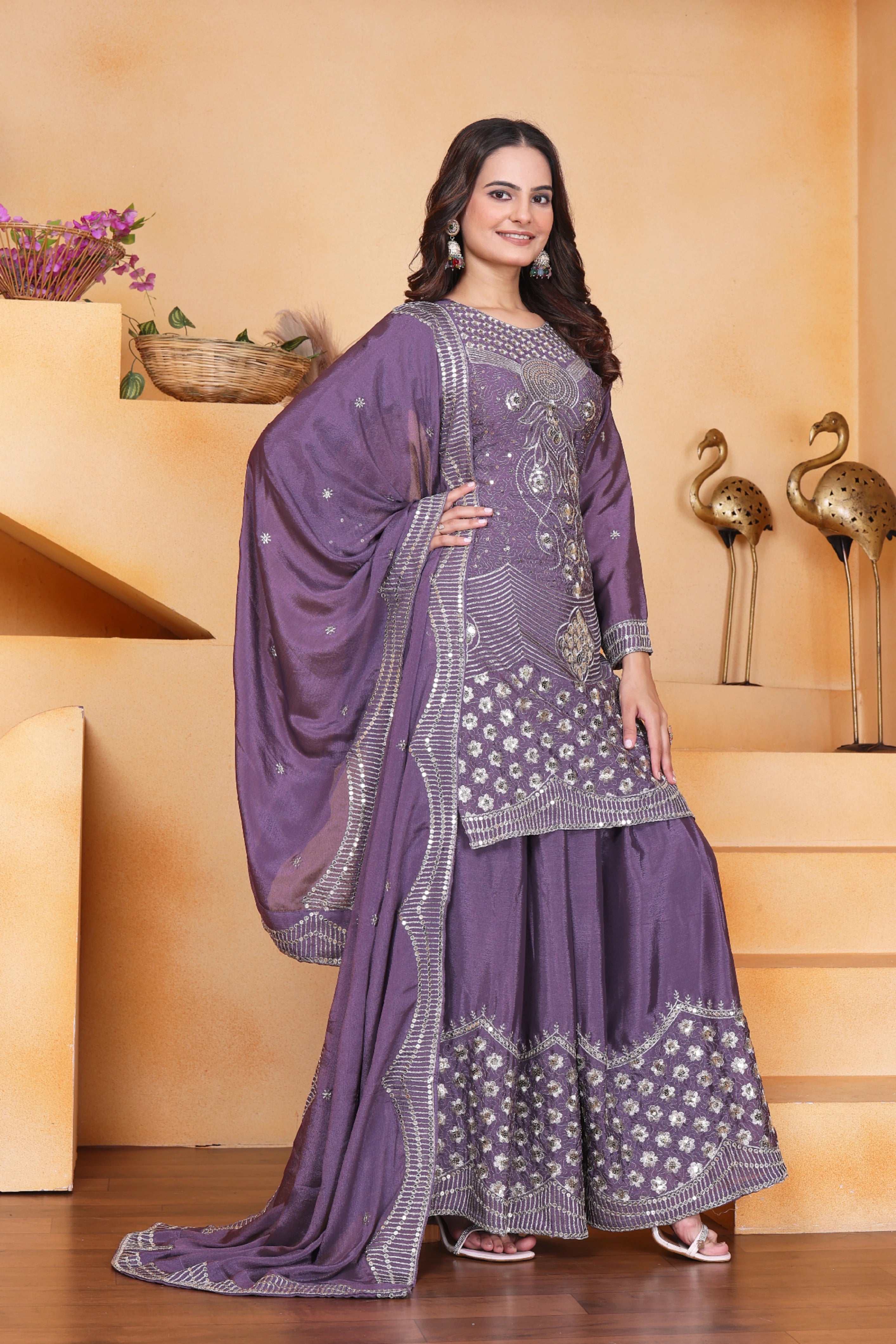 Lavender Sequins Embroidery Work Chinon Suit