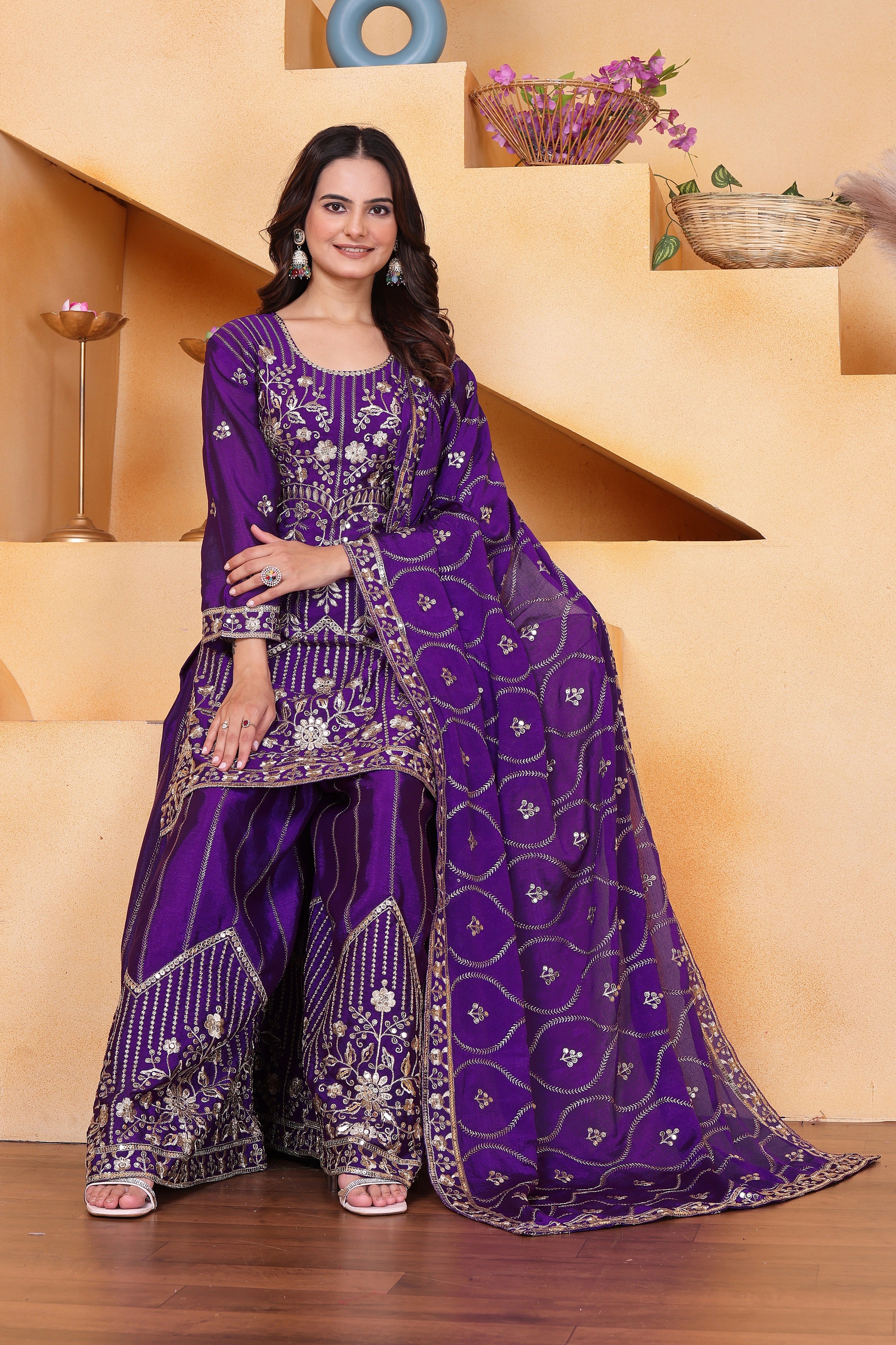Purple Sequins Embroidery Work Chinon Silk Suit