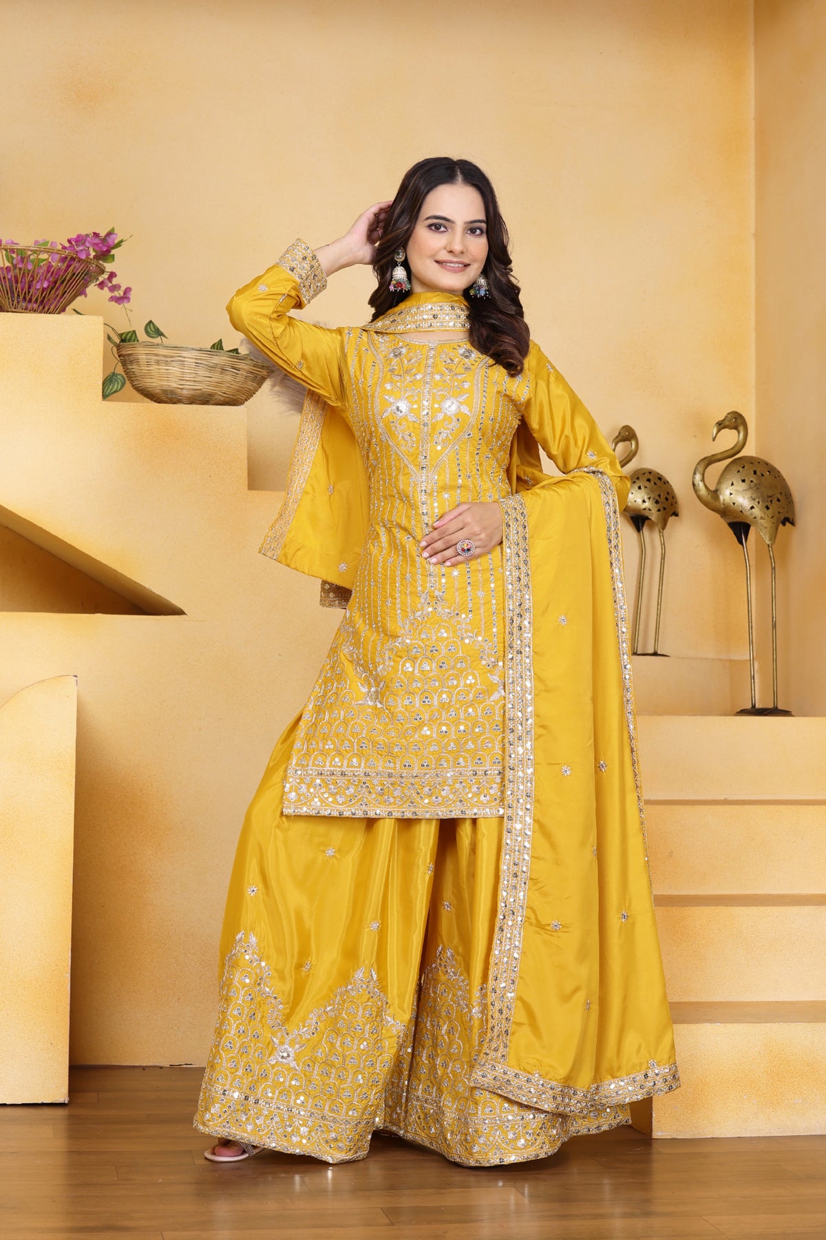 Yellow Sequins Embroidery Work Natural Crep Suit