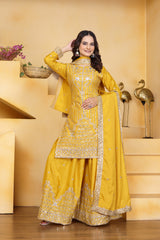 Yellow Sequins Embroidery Work Natural Crep Suit