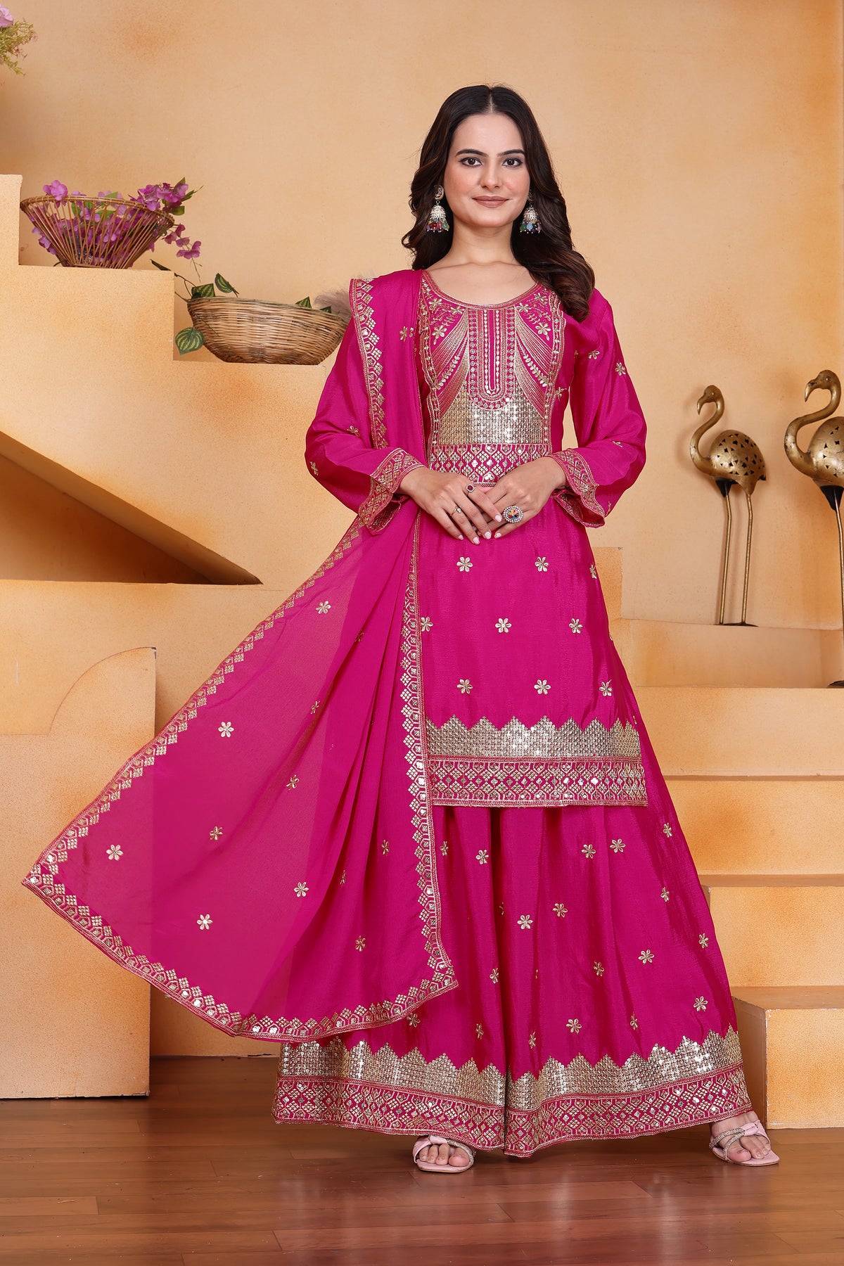 Dark Pink Traditional Sequins Work Suit Sharara