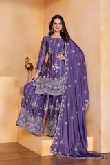 Purple Chinon Sequins Embroidery Work Suit