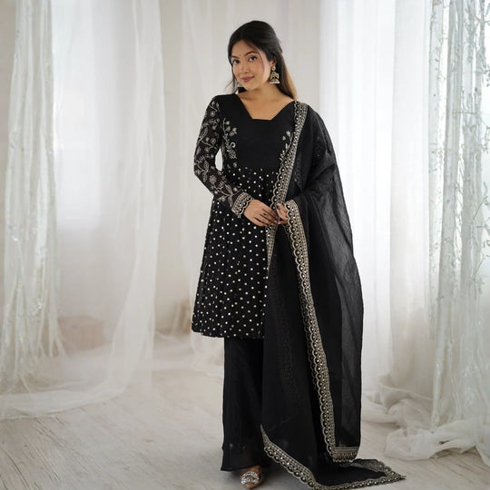 Black Embroidery Sequin Work Crunchy Silk Suit – Kalyanja