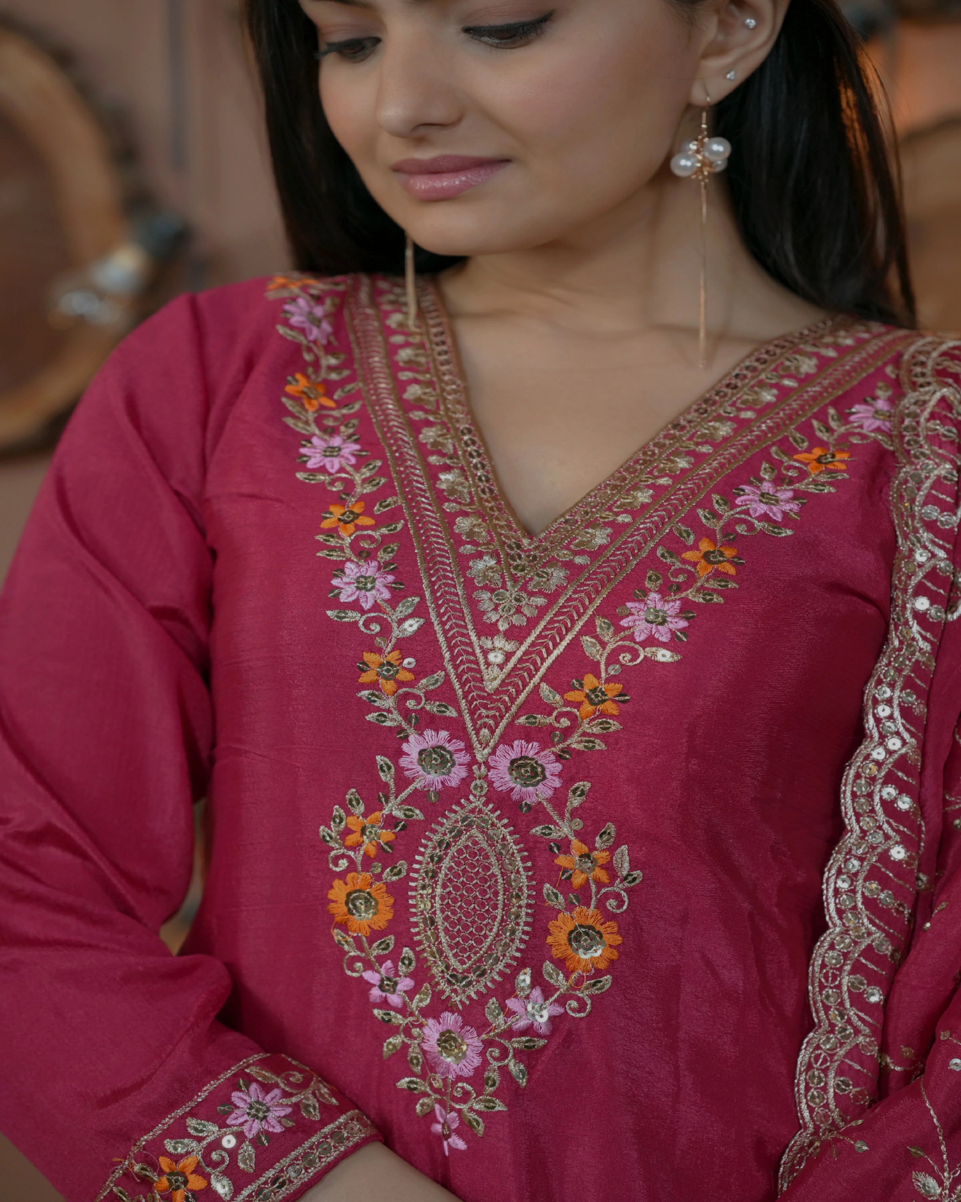 Dark Pink Sequins Embroidery Work Chinon Suit